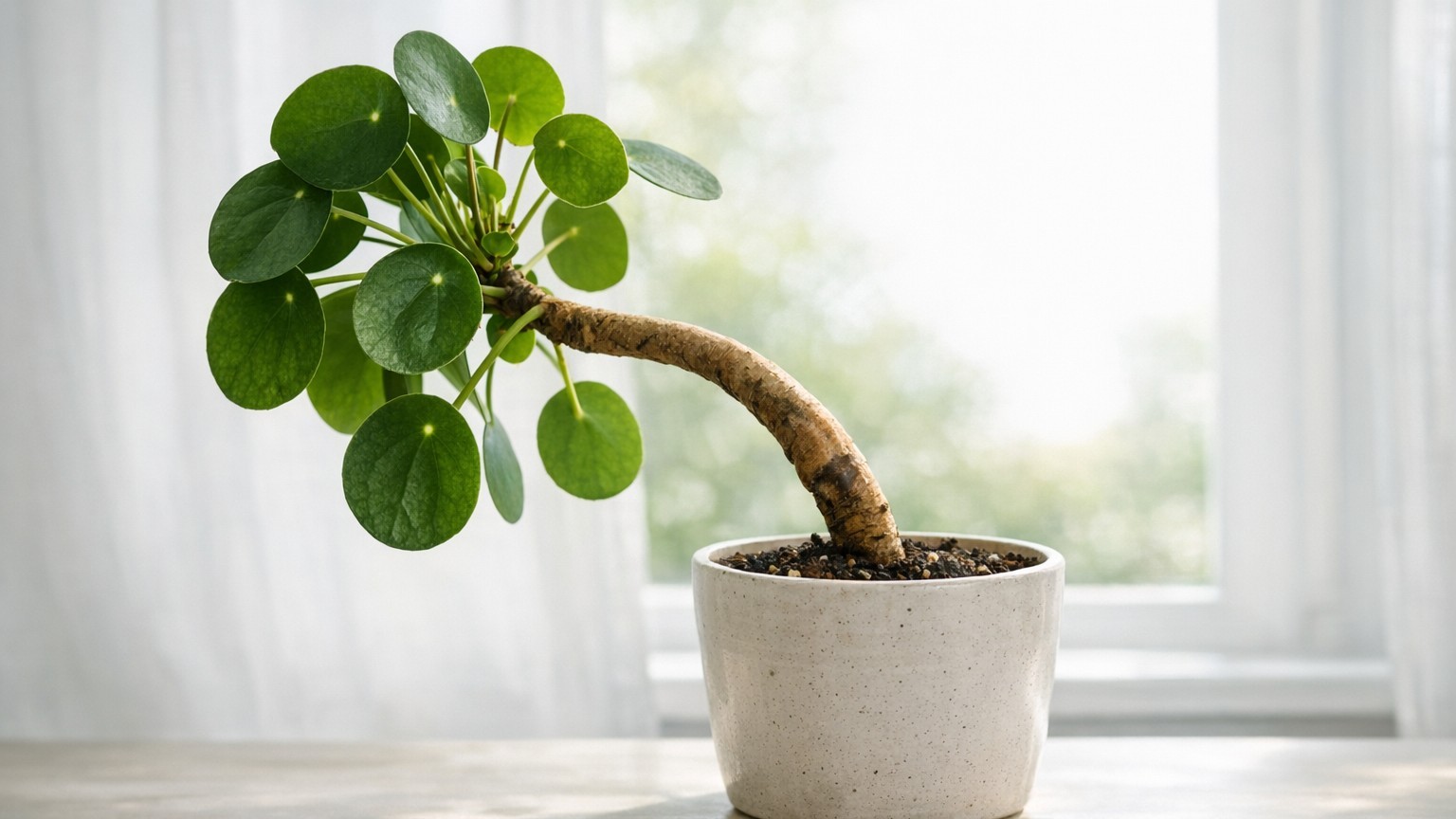 Meine Pilea wurde zum Opfer meiner Nachlässigkeit: Wie einseitiges Licht den Stamm dauerhaft verformt