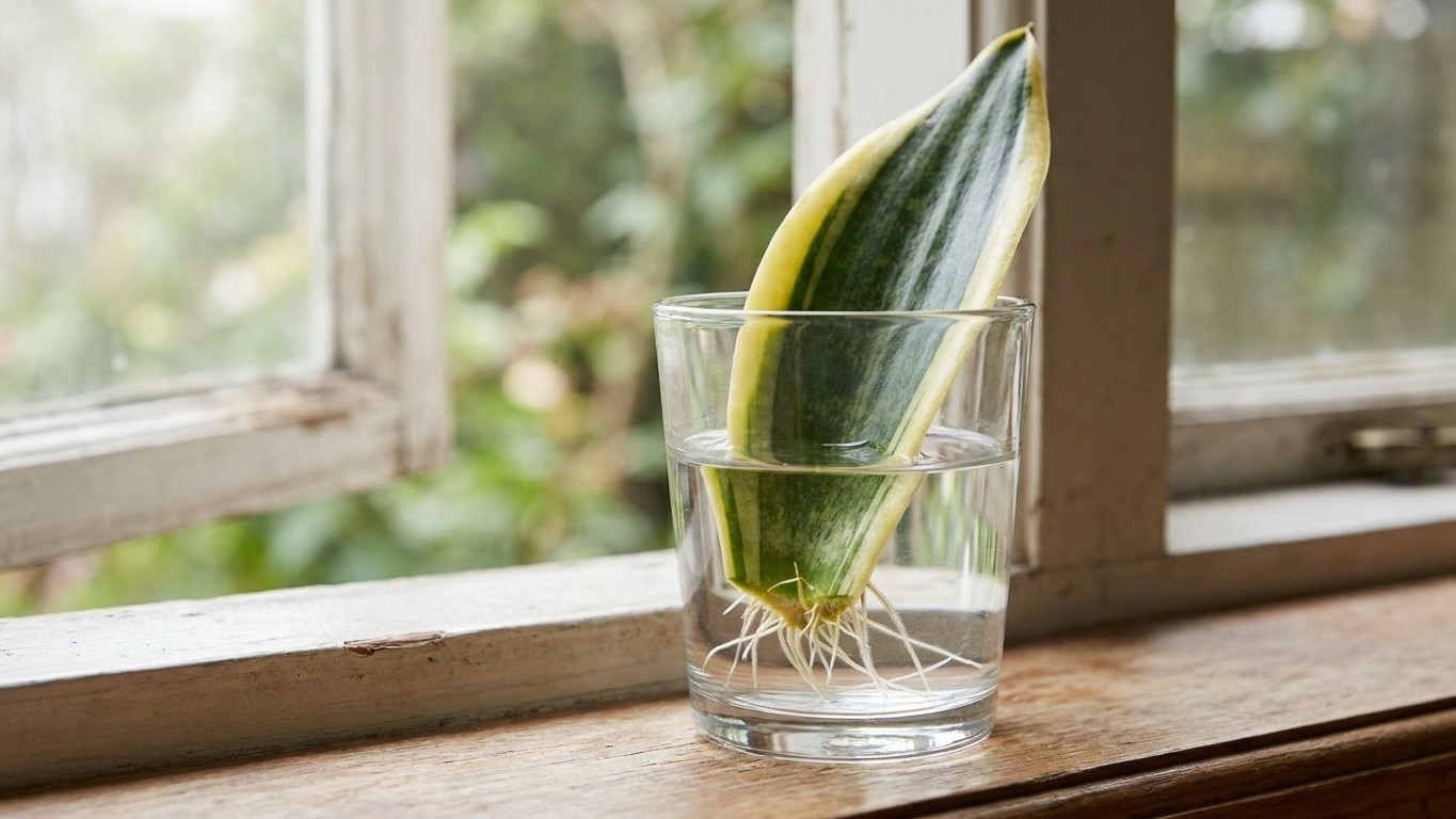Ich habe ein Blatt meines Bogenhanfs 'Laurentii' abgeschnitten und ins Wasser gestellt, nur um ihn zu vermehren: als die e...