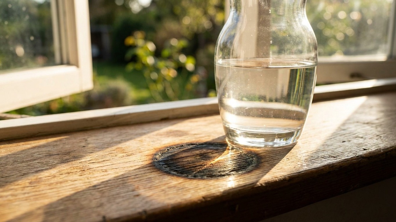 Ich habe eine Glasvase mit Wasser aufs Südfenster gestellt, nur zur Deko: als ich den schwarzen Fleck auf der Fensterbank ...
