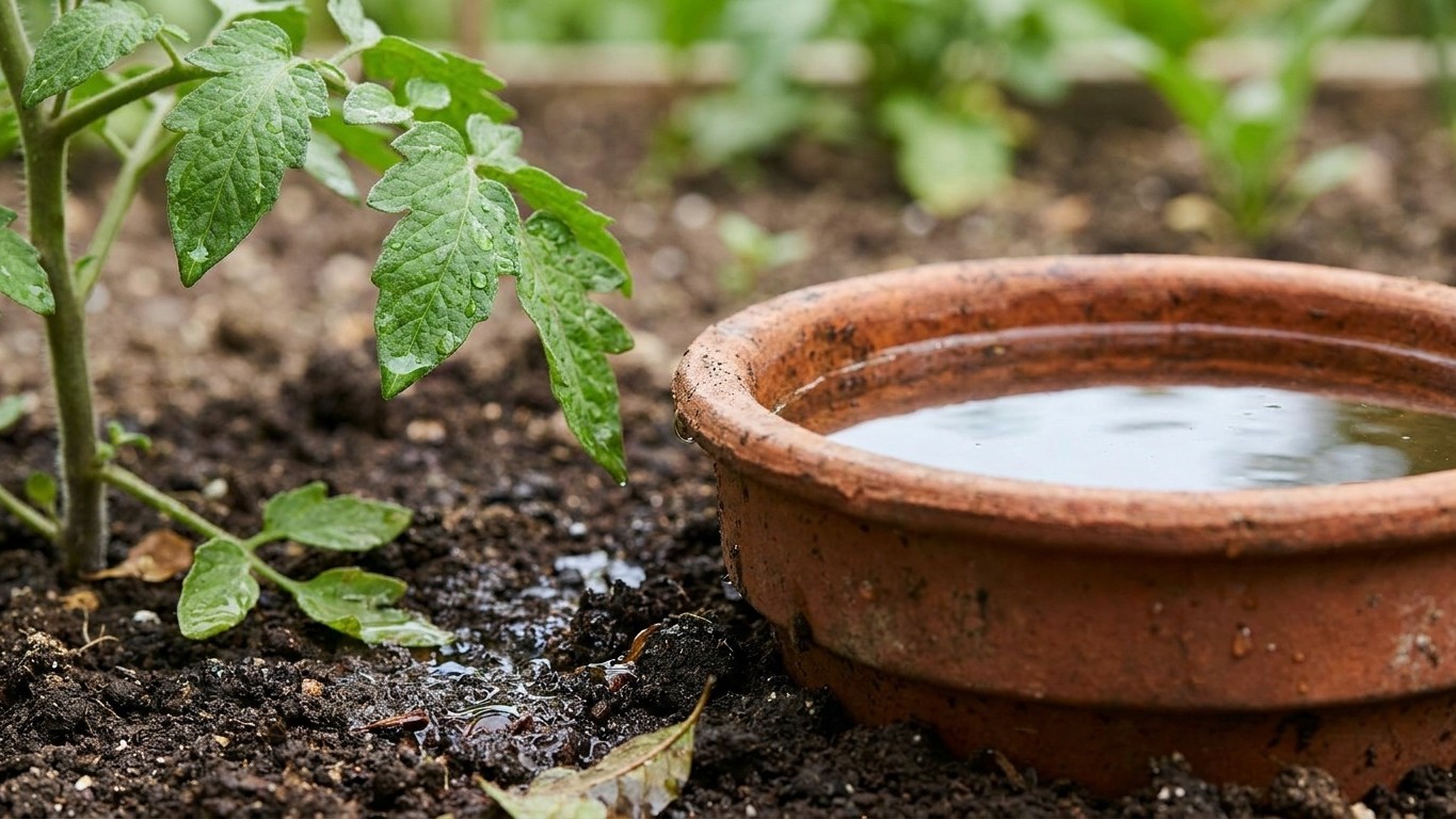 Ich habe einen unglasierten Tonkrug neben meine Tomate eingegraben, nur um Wasser zu sparen: seitdem gieße ich oben gar ni...