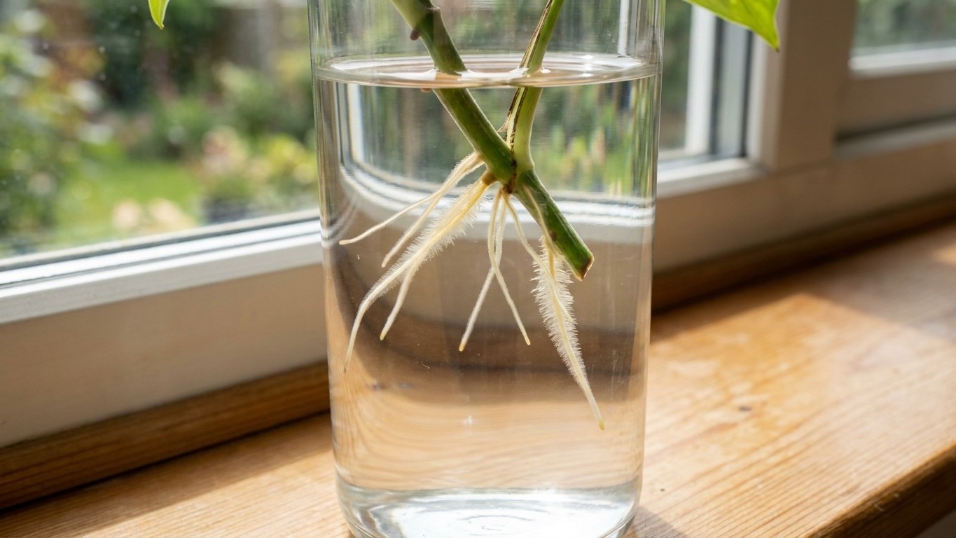 Ich habe meine Efeutute-Stecklinge zwei Monate im Wasserglas gelassen, nur damit die Wurzeln richtig lang werden: beim Ein...