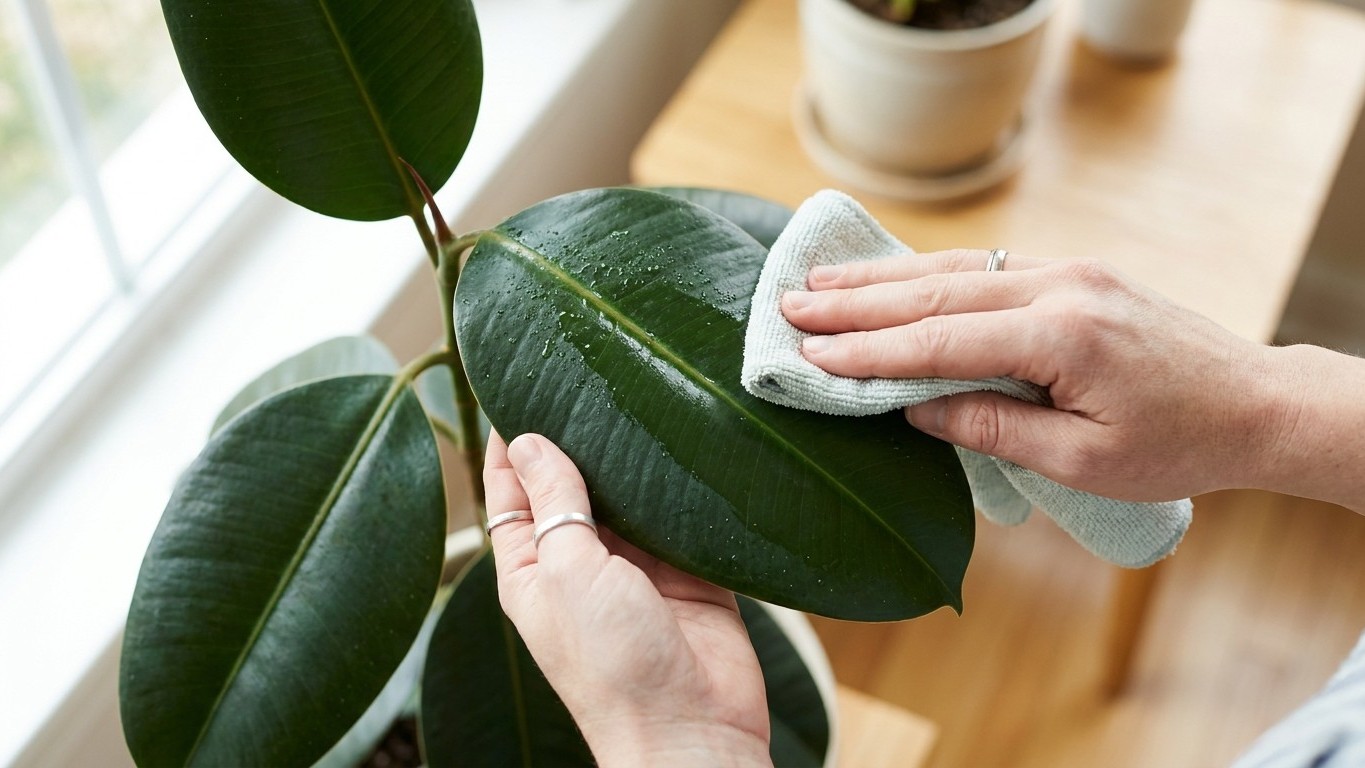 Wir greifen alle zum Blattglanzspray für den Ficus, dabei reicht dieser eine Handgriff, damit die Blätter wieder atmen