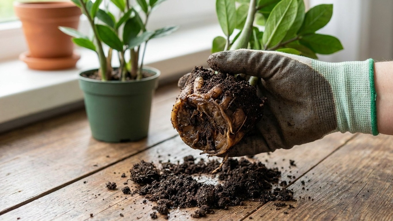Ich goss meine Zamioculcas jede Woche wie alle anderen Pflanzen: als ich im Februar die Knolle aus der Erde hob, war es lä...
