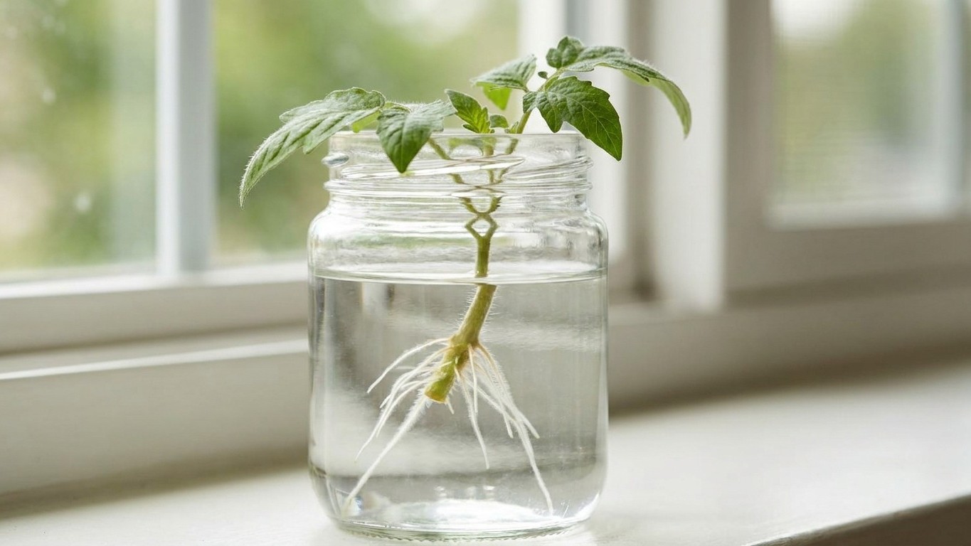 Ich habe die ausgebrochenen Geiztriebe meiner Tomaten in ein Wasserglas gestellt, nur um es auszuprobieren: zehn Tage spät...