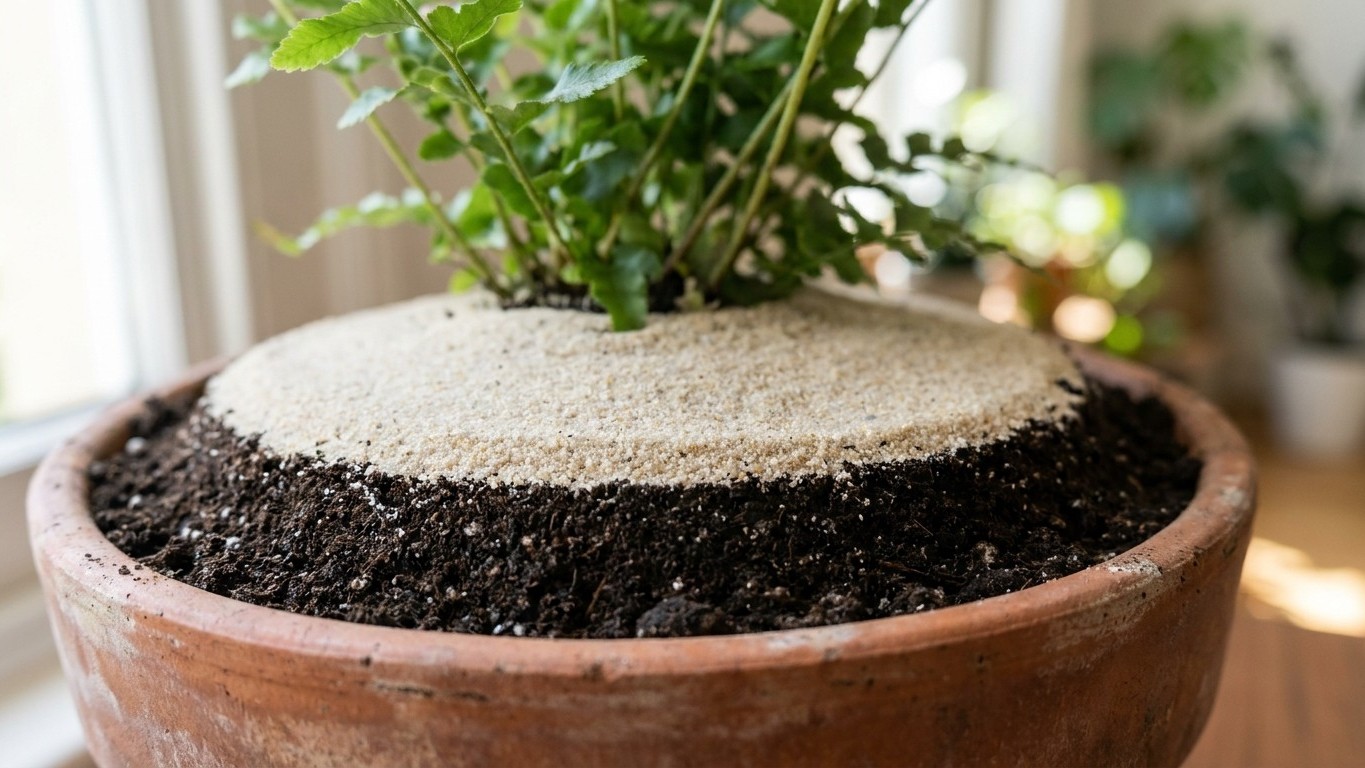 Ich habe eine dünne Schicht Sand auf meine Blumentöpfe gestreut, nur damit es ordentlicher aussieht: seitdem habe ich kein...