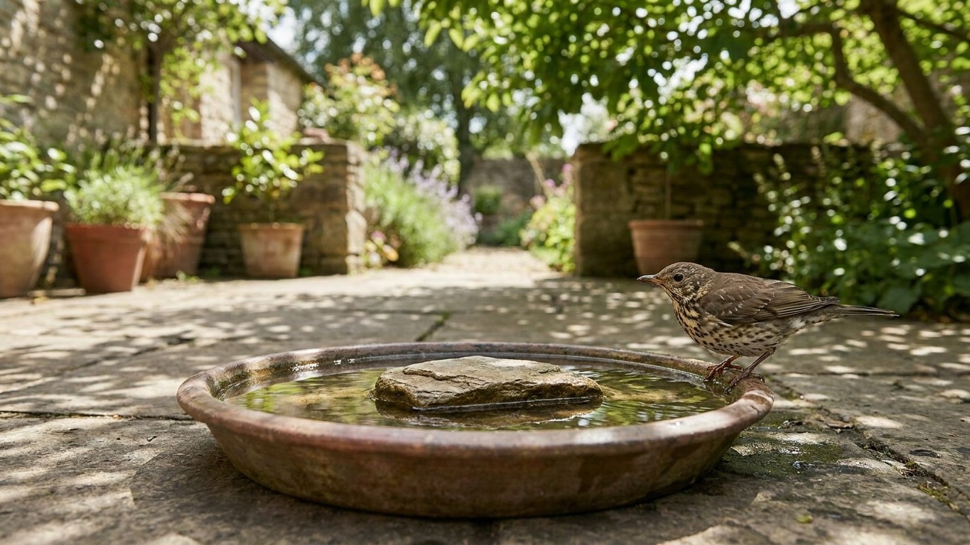 Ich habe eine flache Schale in den Schatten gestellt, nur damit die Vögel trinken: am zweiten 30-Grad-Tag habe ich gesehen...